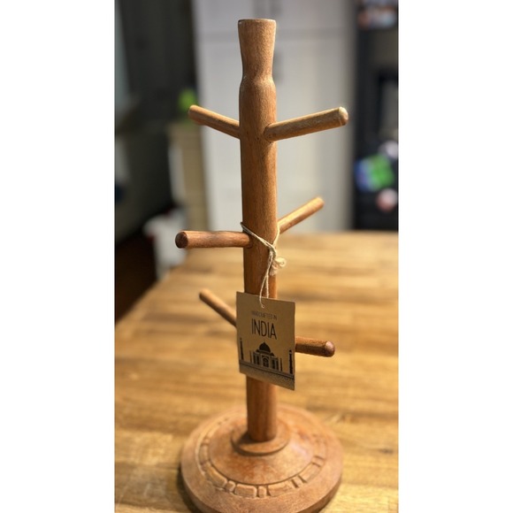 The Unbranded Brand Other - Wooden Mug Tree 6 Spot Holder Handcrafted In India NWT Etched Design On Base